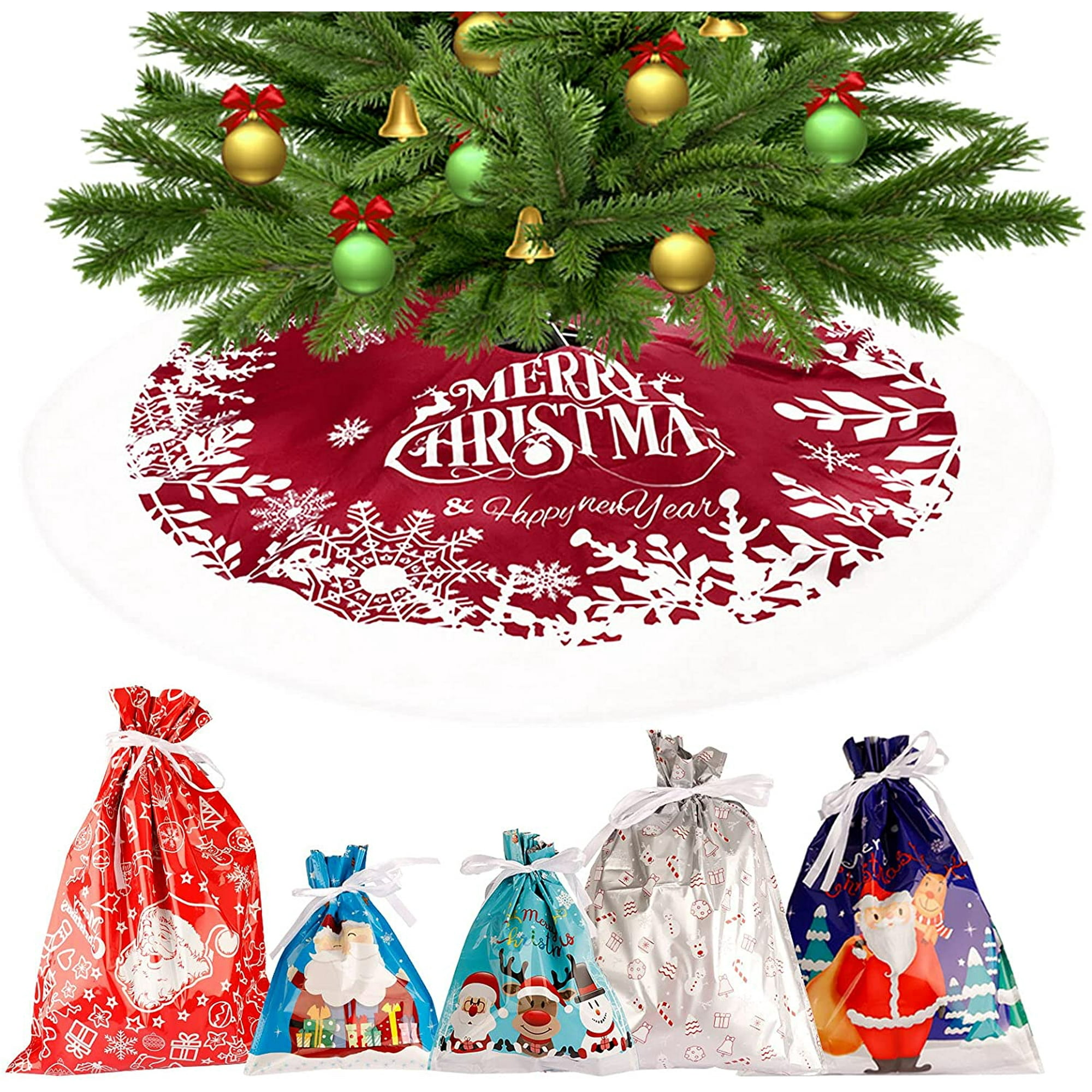 HMGDFUE Christmas Tree Skirts 48 Inch Flannel Tree Skirts for Merry Christmas Party Christmas Tree Skirt Decorations with Five Candy Bags
